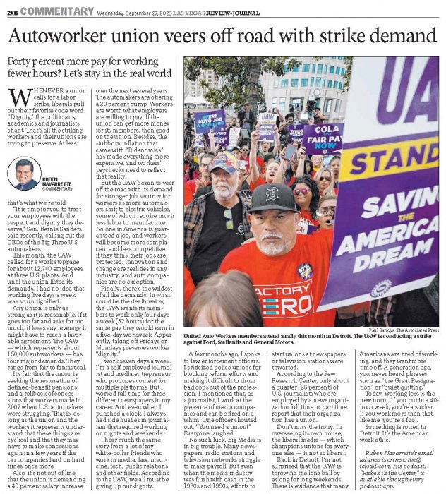 Las Vegas Review-Journal_2023-09-27_Commentary_Autoworker Union Veers Off Road With Strike Demand.jpg